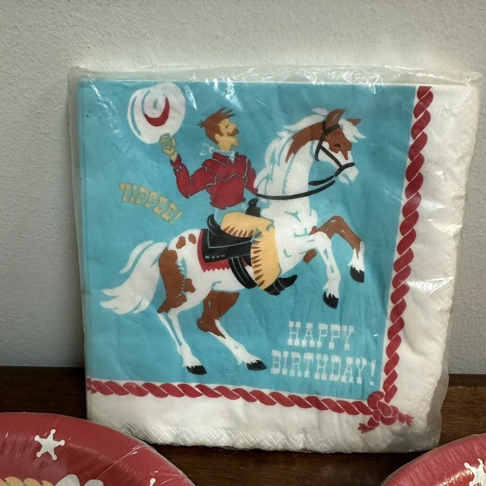 Vintage Hallmark Happy Birthday Pardner Cowboy Horse Party Napkins Plates NOS